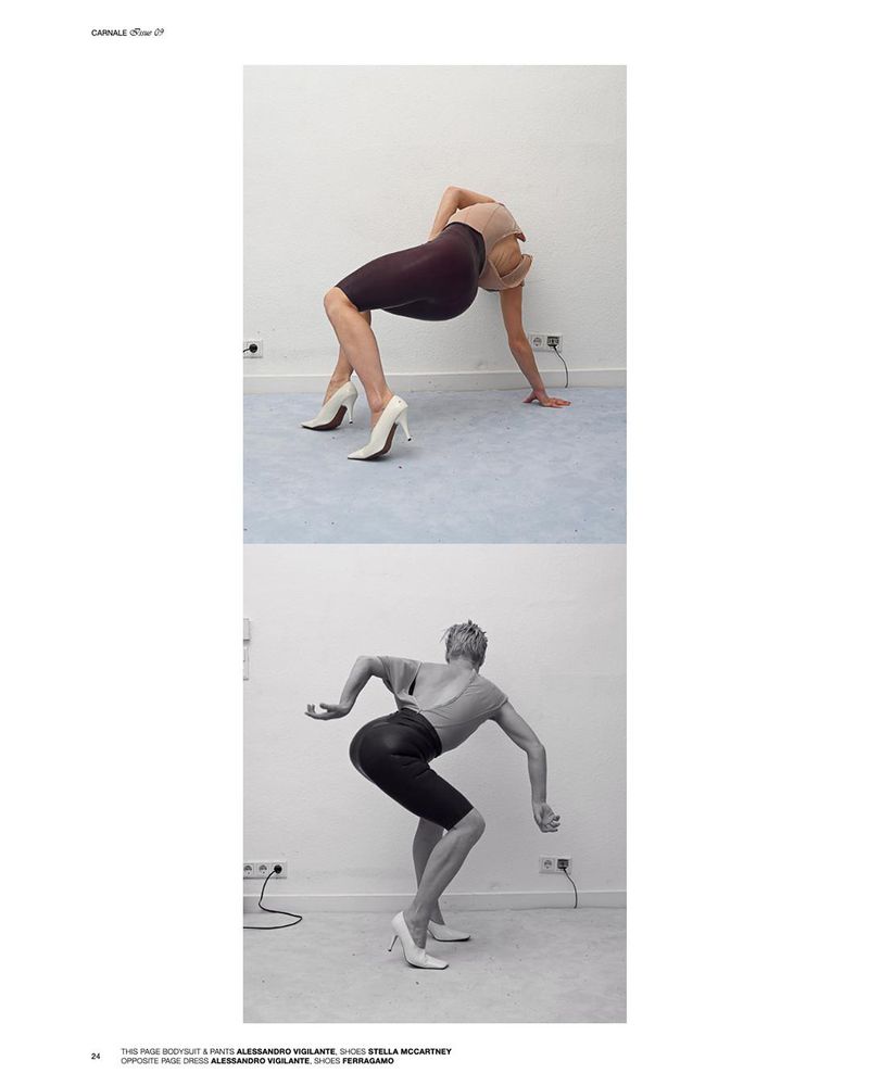 Two frames show a slim adult woman in athletic wear and heels, balancing in yoga poses against a plain wall on a blue-grey floor.