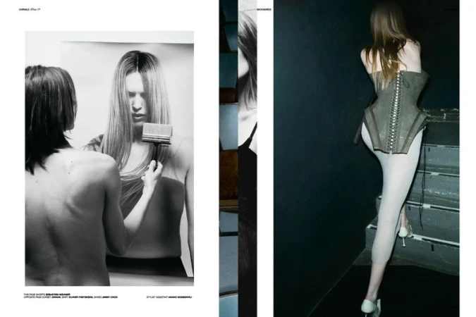 Black-and-white fashion editorial shot showcases two women, one holding a large brush, plus a woman in a corset on a stairwell.