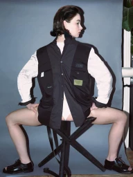 Model seated backwards on a folding stool wearing a black utility button-up shirt over white sleeves against a grey backdrop.