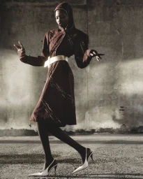 Model Abuk Manyang Adeer posing in a hooded burgundy coat with a gold belt and white pointed slingback heels against a concrete wall.