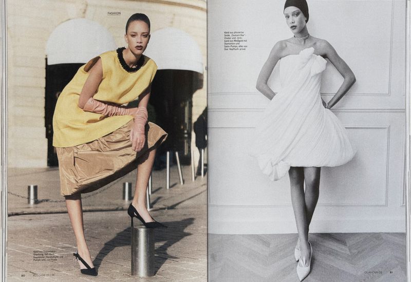 Fashion editorial featuring two distinct looks: A woman in yellow and beige seated outdoors, and another in white, posing indoors.