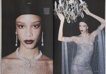 Essoye Mombot in diamond high jewelry and a sparkling silver gown across a double-page editorial spread for Glamour Germany.