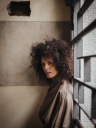 Model Evelyn Effrim with voluminous curly dark hair wearing a draped taupe coat beside a metal window grate against a rustic wall.