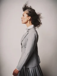Side profile of model Evelyn Effrim wearing a tailored light grey blazer and pleated skirt against a studio backdrop.
