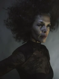 Model Evelyn Effrim with voluminous dark hair wearing a sheer black lace high-neck top in a low-key editorial portrait.