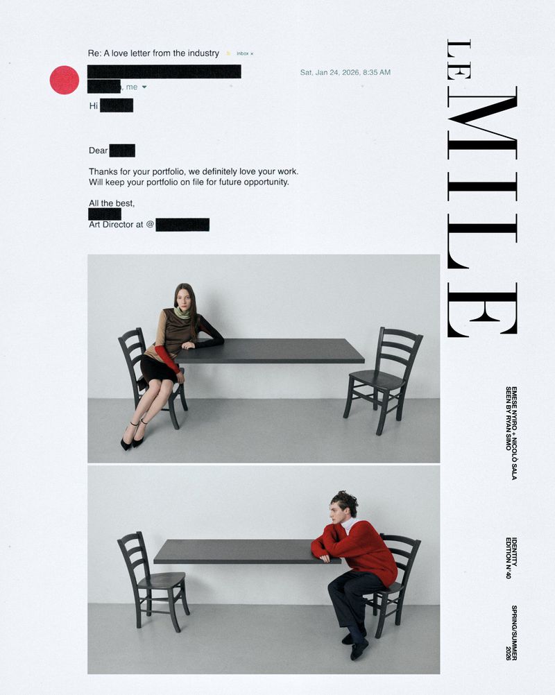Two fashion shots display woman and man at tables with chairs against a white background, overlaid on letterhead. Spring/Summer fashion.