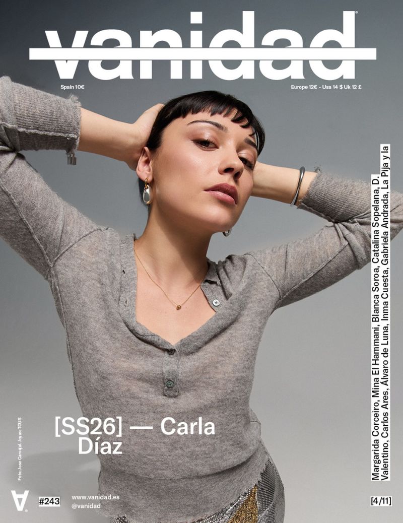 Vanidad magazine cover featuring Carla Diaz in a grey sweater, posing with hands behind her head against a grey backdrop.