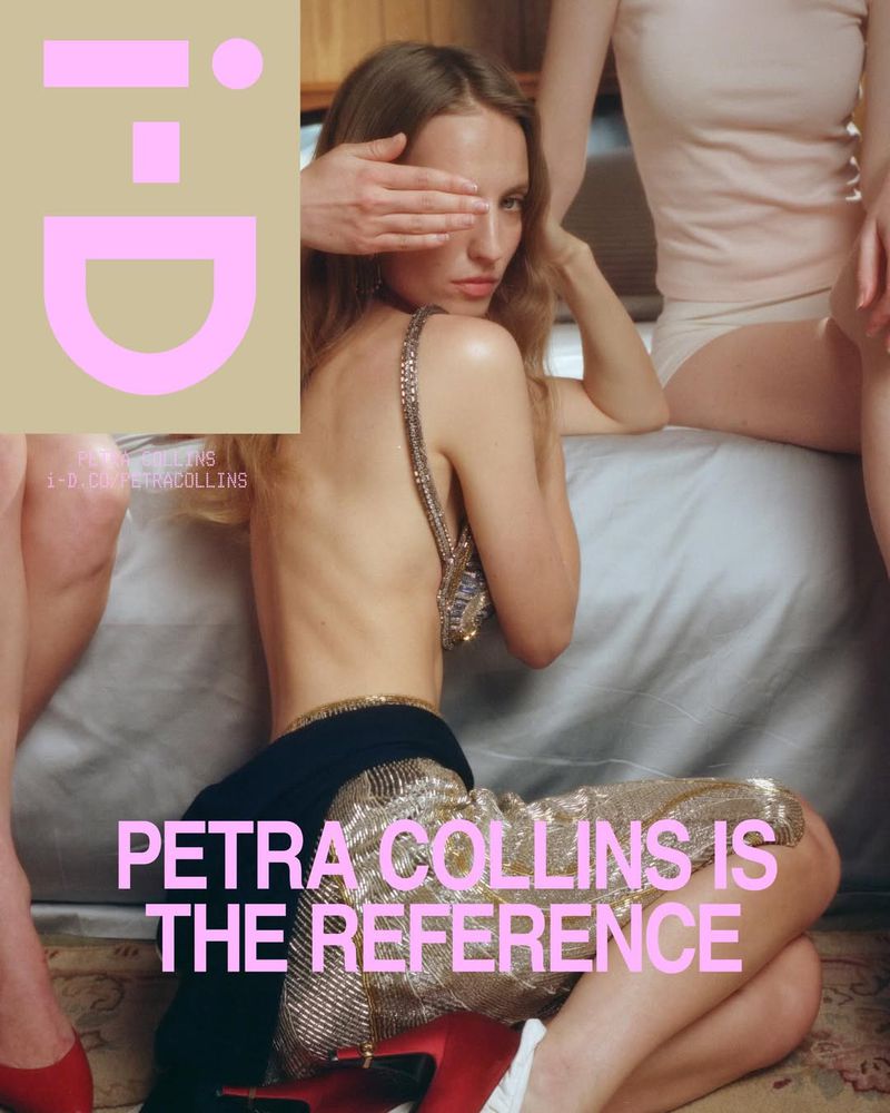 Fashion magazine cover featuring a model with hand over eye, metallic top and skirt, and red heels, surrounded by other figures.
