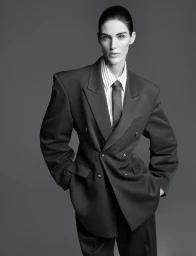 Hilary Rhoda wearing an oversized black double-breasted suit and necktie against a grey studio backdrop.