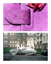 Diptych featuring a close up of a bright purple fur handbag strap and a car parked in a street covered by a silver tarp.