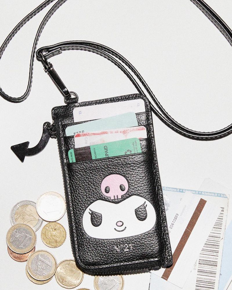 Black card holder with cartoon face on a lanyard, with coins and cards surrounding it, set against a plain background.