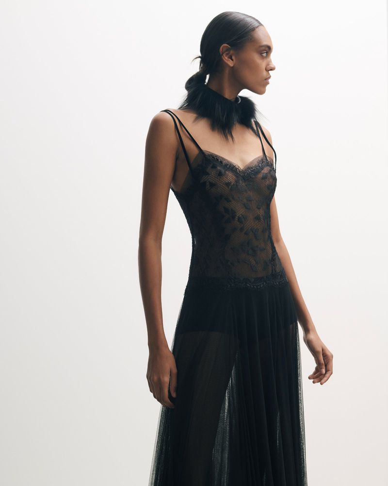 Fashion shot of a woman wearing a black, sheer, lacy dress with a feathered collar, posing against a white background in a studio setting.