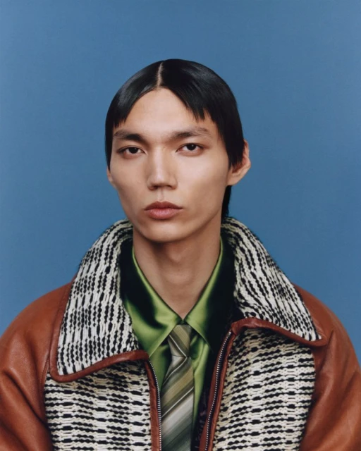 Portrait of a young adult male with dark hair wearing a brown leather jacket, green shirt, and striped tie against a blue backdrop.