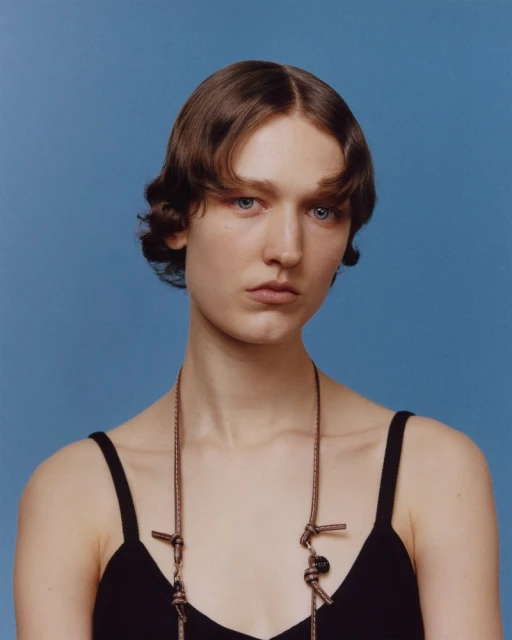 Portrait of a young woman with brown hair, wearing a black top and a rope necklace, against a solid blue background. Head and shoulders.