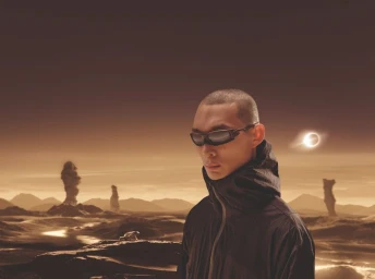 East Asian man in black wraparound sunglasses and a high-collar jacket against a surreal planetary landscape with an eclipse.
