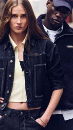 Lou Blusson in a dark denim jacket with contrast white stitching standing next to Tega Ewherido in a fleece jacket.