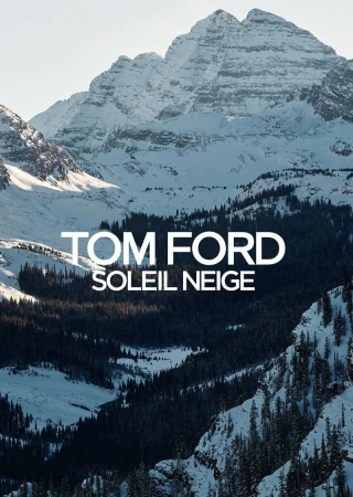 Snowy mountain landscape with evergreen trees, captured on a sunny day, with the text "TOM FORD SOLEIL NEIGE" in foreground.