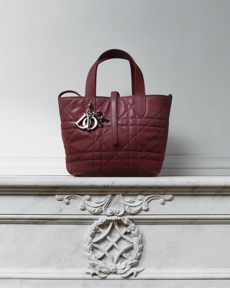 Burgundy leather Dior Lady D-Joy bag with silver Dior charms displayed on a white marble mantelpiece against a white background.