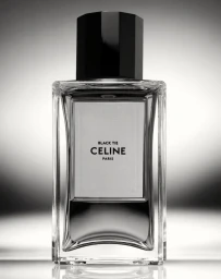 Celine Black Tie luxury perfume bottle with a faceted black cap against a softly lit gradient studio background.