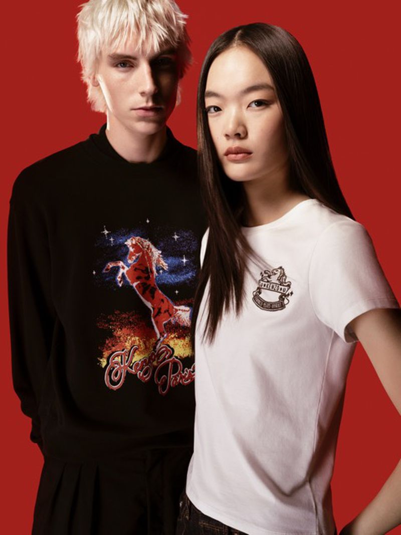 Two fashion models pose against a red backdrop. One model wears a black sweatshirt with a horse graphic, while the other wears a white tee.