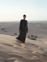 Model Romy Nassar stands barefoot atop a desert sand dune wearing a flowing dark patterned maxi dress under soft daylight.