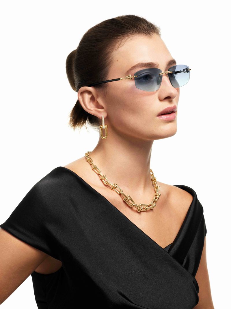 A woman with fair skin poses wearing sunglasses, a gold chain necklace, and gold dangle earrings in a brightly lit studio.