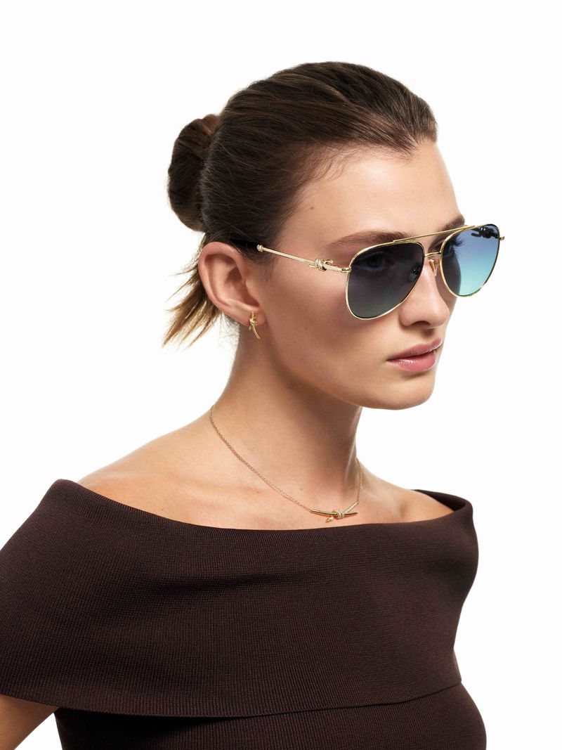 Portrait of a woman with brown hair wearing aviator sunglasses, a dark brown off-the-shoulder top, and a gold necklace against a white background.
