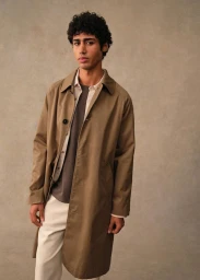 Model Maxime El Hanafi wearing an open brown mac coat over neutral layers and cream trousers against a beige studio backdrop.