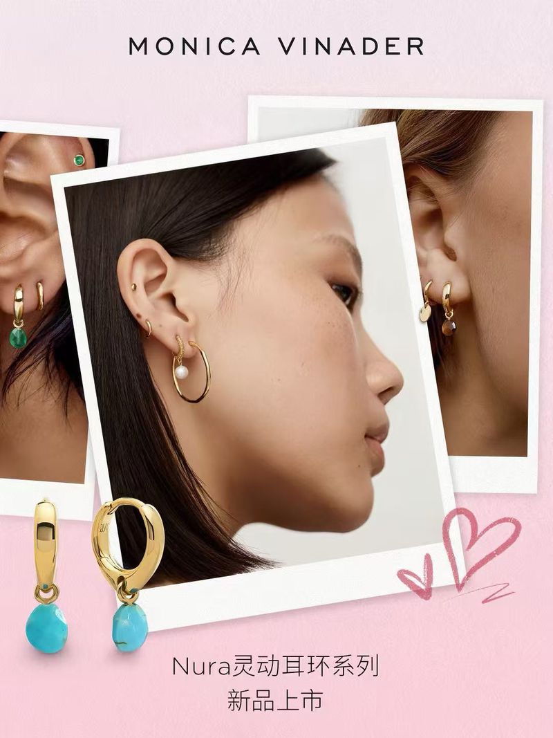 Close-up of a golden hoop earring with a turquoise pendant, showcased with images of a woman wearing golden hoop earrings.