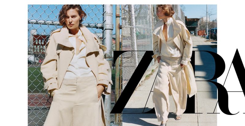 Model Bibi Breslin wearing an oversized beige trench coat in a diptych layout with bold Zara typography across an urban street setting.