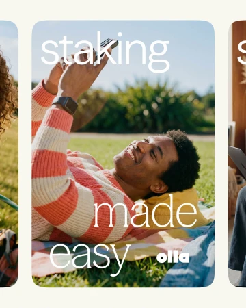 A young Black man smiling and lying on a blanket on green grass while holding a smartphone, in an Olla brand graphic.