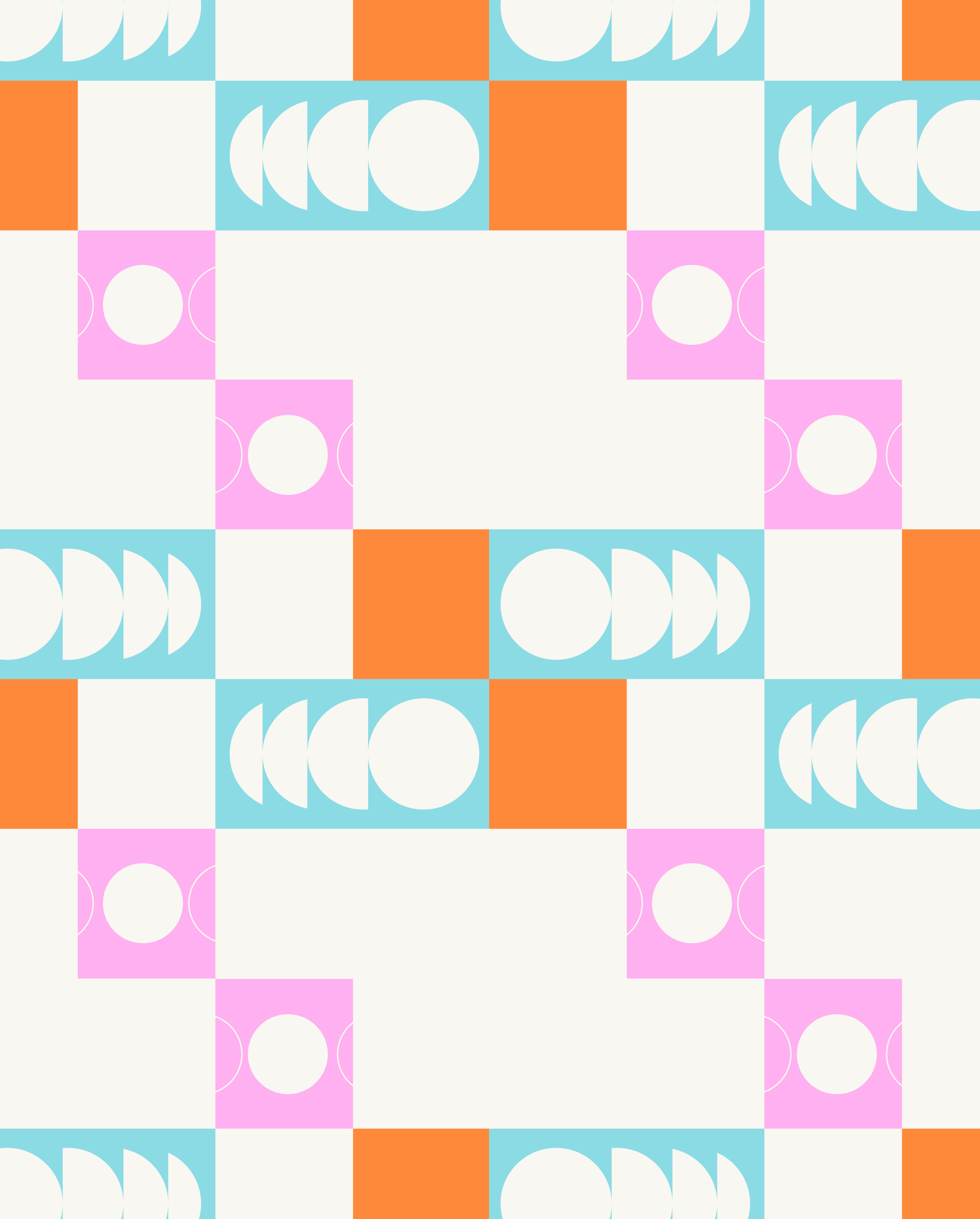 Colorful geometric checkerboard pattern featuring abstract circle and semicircle shapes in cyan, orange, pink, and off-white.