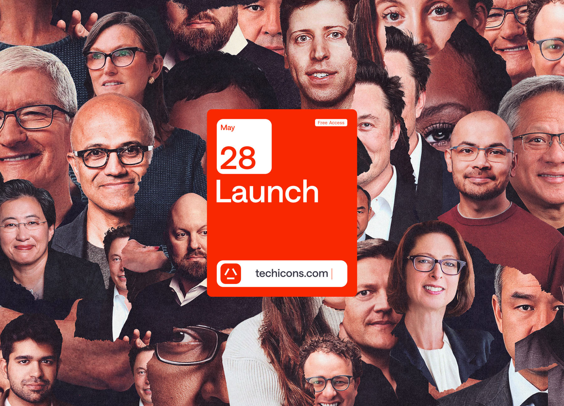 Collage of prominent tech industry leaders surrounding a central red launch announcement card for Tech Icons.