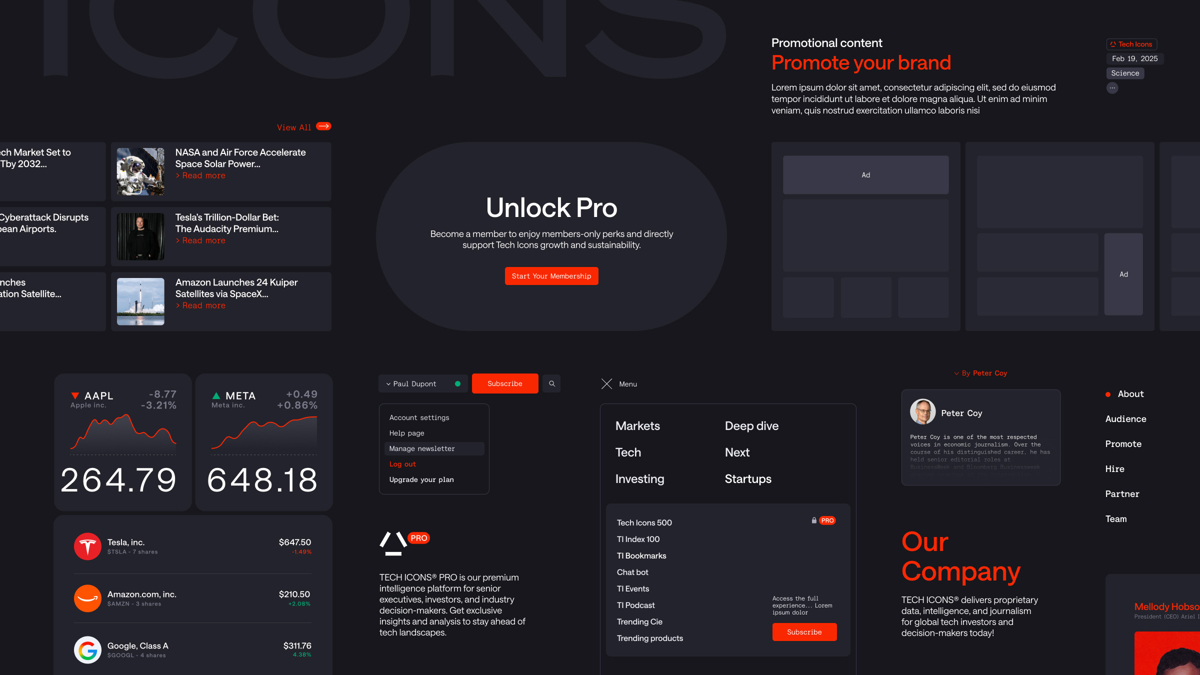 Dark mode UI design layout featuring financial charts, news modules, membership banners, and orange accent buttons for Tech Icons.