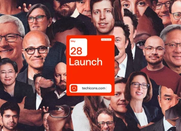 Collage of prominent tech industry leaders surrounding a central red launch announcement card for Tech Icons.