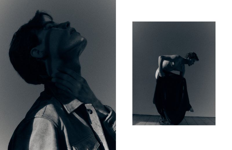 Diptych editorial photo featuring a close-up profile portrait and a shirtless male model against a minimal studio background.