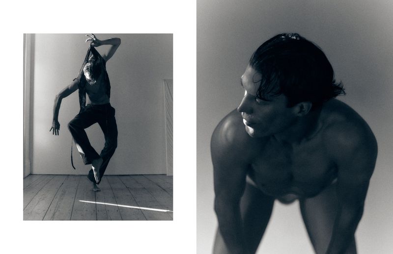 Monochrome editorial diptych featuring a male dancer posing in dark trousers and a close-up portrait leaning forward shirtless.