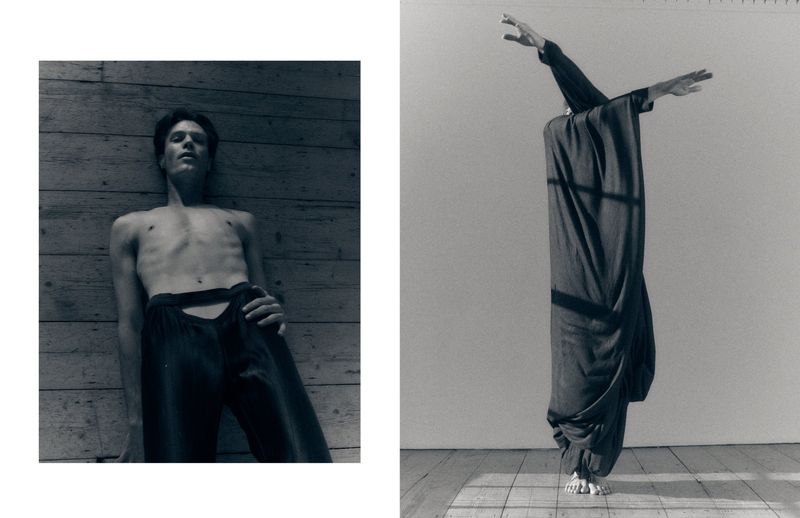 Monochrome diptych featuring a shirtless man in cutout trousers and a draped figure in sculptural fabric poses.