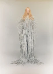 Model with long blonde hair wearing a floor-length feathered grey garment against a plain neutral backdrop