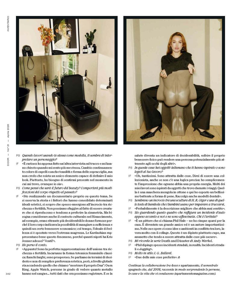 Editorial spread featuring a woman seated on a sculptural chair with a modern bathroom interior visible alongside in a magazine layout