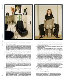 Editorial spread featuring a woman seated on a sculptural chair with a modern bathroom interior visible alongside in a magazine layout