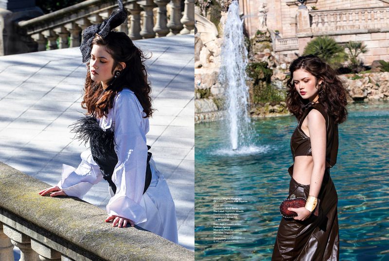 Editorial diptych showing a model in a white shirt with black feather corset and bow, and in a brown leather cut-out dress by a fountain.
