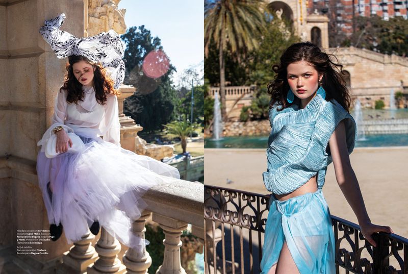 Fashion editorial diptych of a woman wearing a voluminous white tulle skirt and a textured blue matching set outdoors.