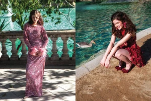 Split editorial image of a woman in a sparkling pink gown by a stone balustrade and crouching in a red mini dress by a pond.