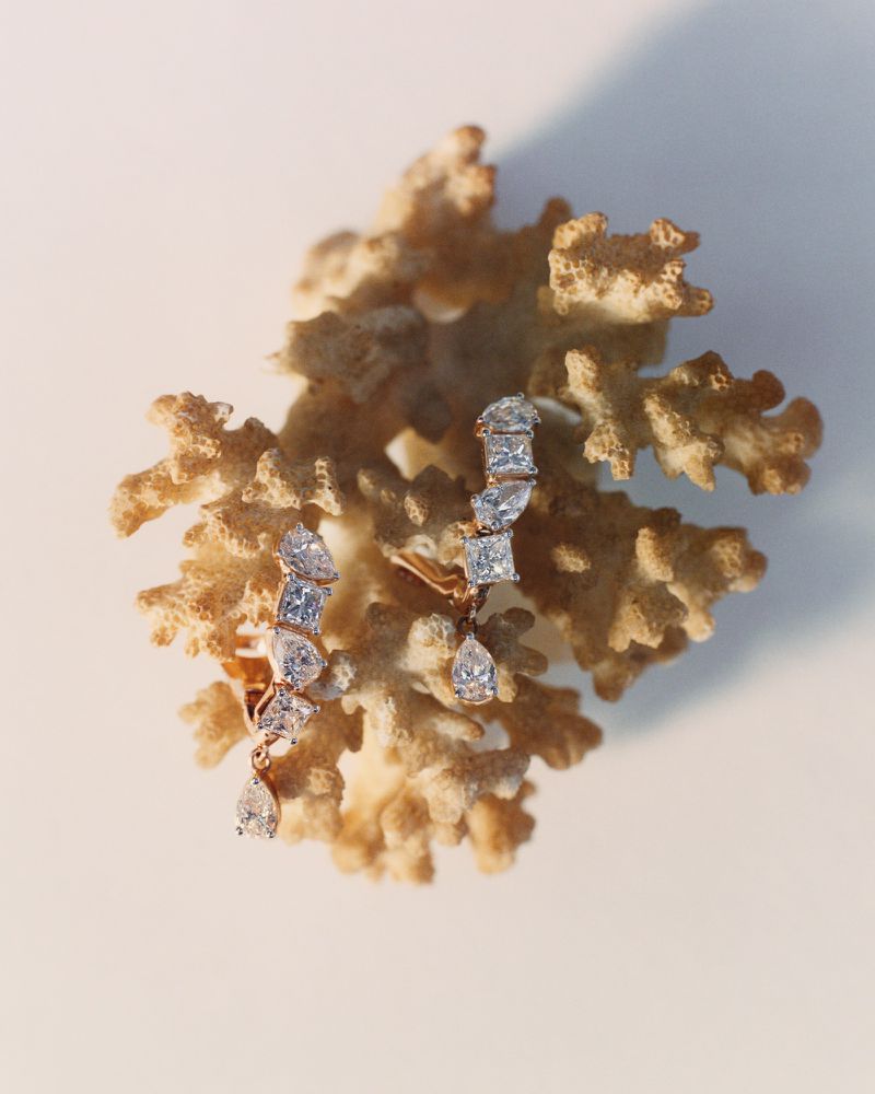 Pair of sparkling diamond drop earrings resting on a textured natural piece of coral against a light background.