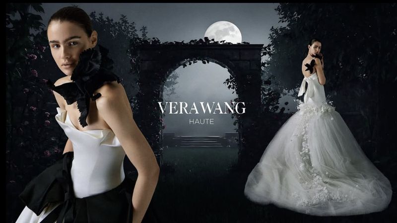 Two women model Vera Wang Haute gowns in a dark, theatrical garden setting under a bright moon, showcasing a sophisticated, high-fashion aesthetic.