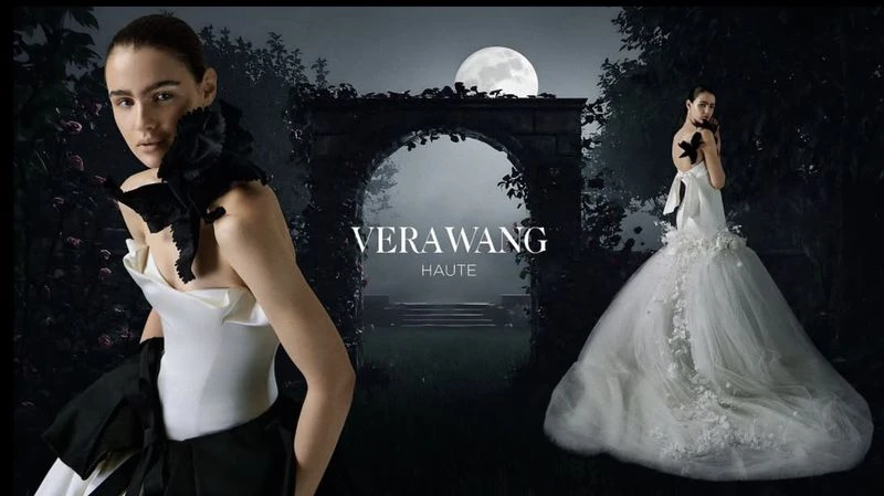 Two women model Vera Wang Haute gowns in a dark, theatrical garden setting under a bright moon, showcasing a sophisticated, high-fashion aesthetic.