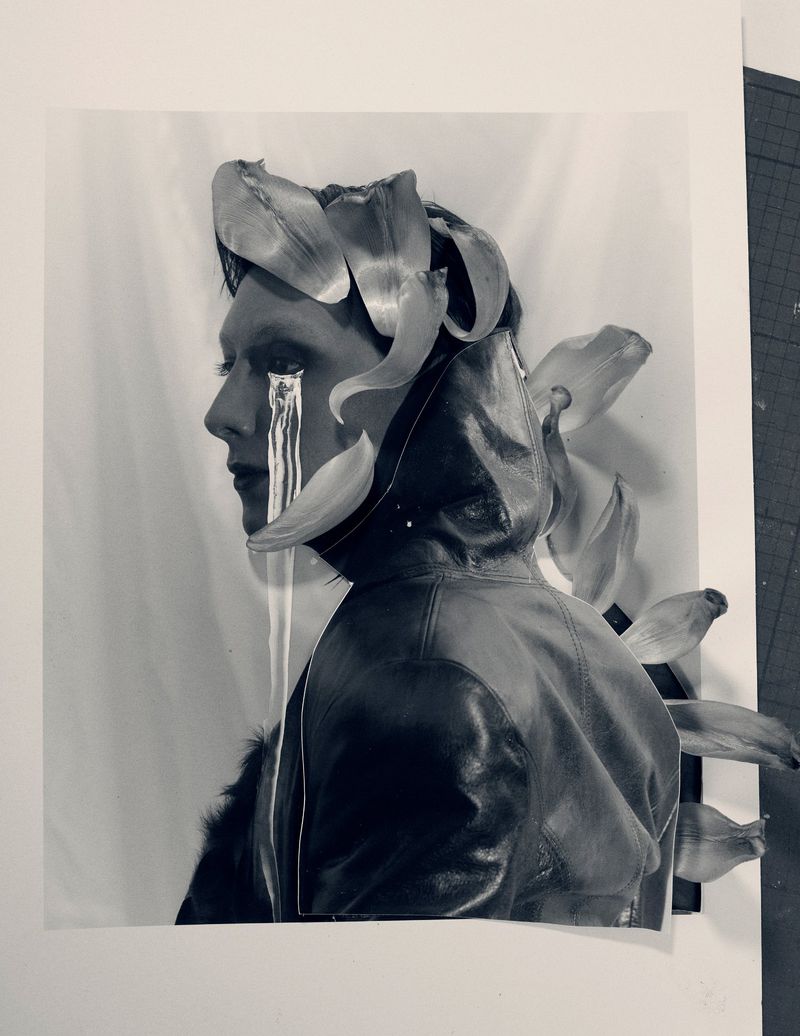 Black and white collage portrait of Mason Alexander Park in profile wearing a leather jacket with floral cutout accents.