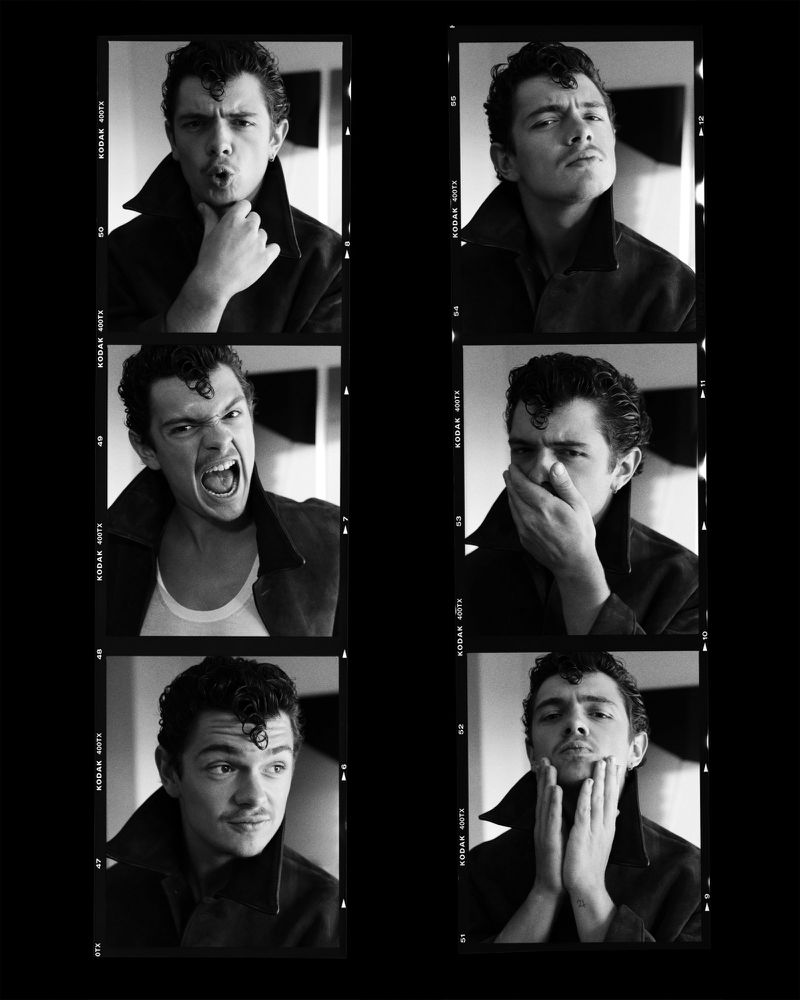 Black and white contact sheet of actor Noah Jupe making expressive poses in a dark jacket with a popped collar.