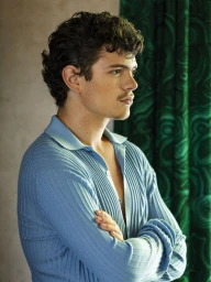 Noah Jupe posing in profile wearing a light blue ribbed knit polo shirt with arms crossed beside a green patterned curtain.